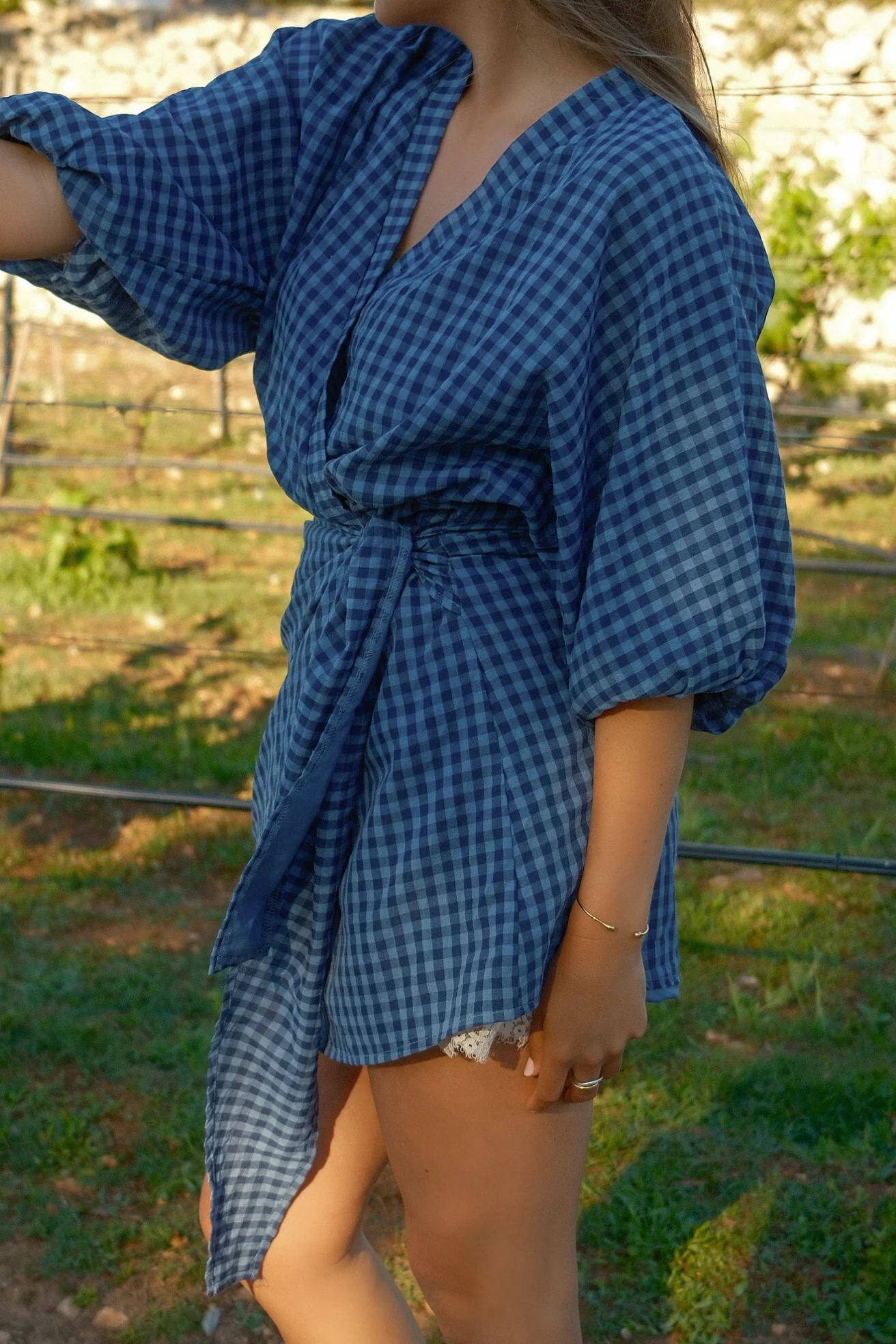 CHECKED WRAPPED DRESS BLUE - Image 7