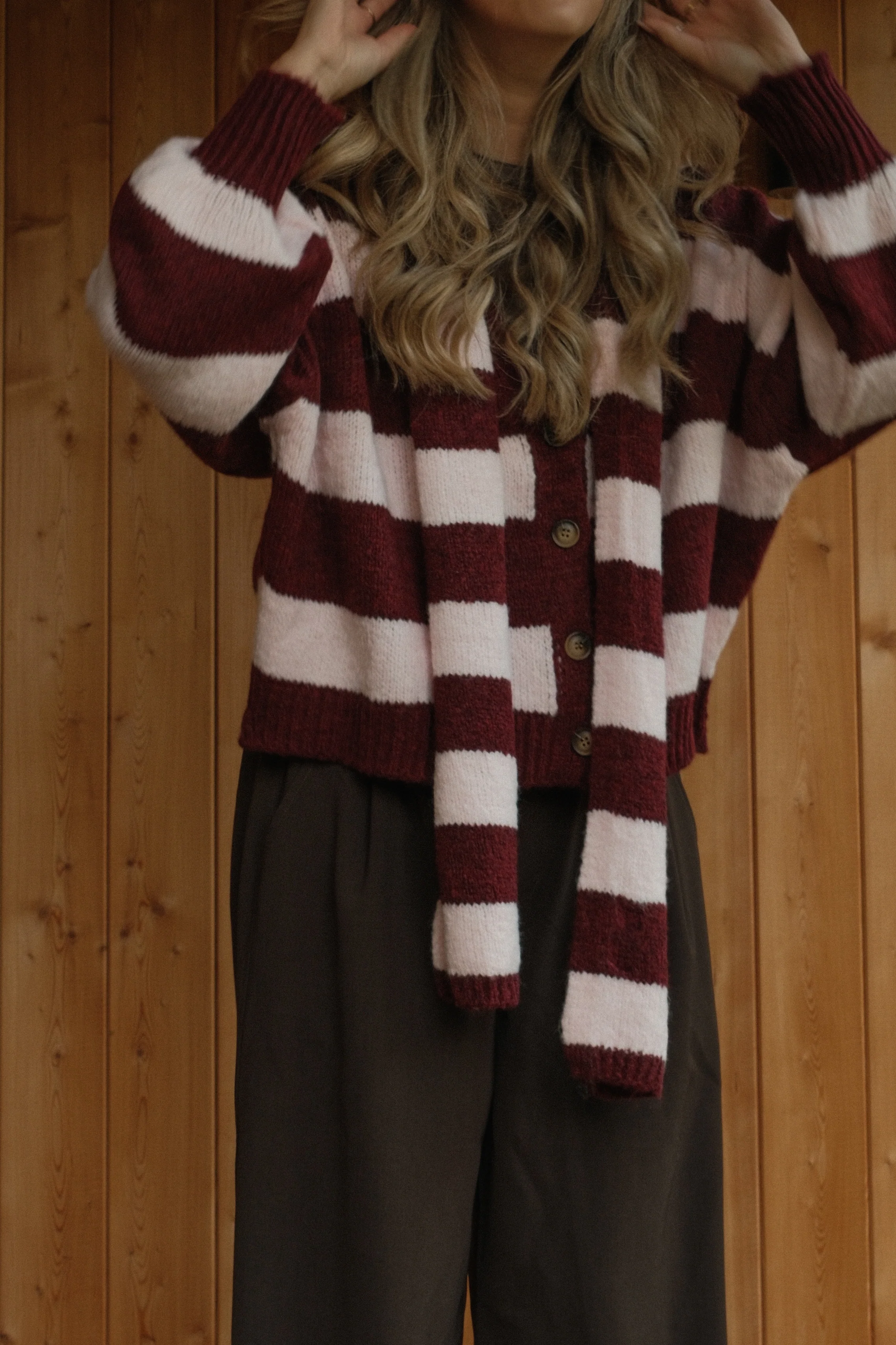 OVERSIZED STRIPED SCARLETT CARDIGAN PINK/BORDEAUX (WITH SCARF) - Image 19